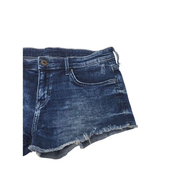 H&M Denim Shorts 8 Women's Dark Wash Raw Hem Distressed Bottoms - Picture 2 of 6